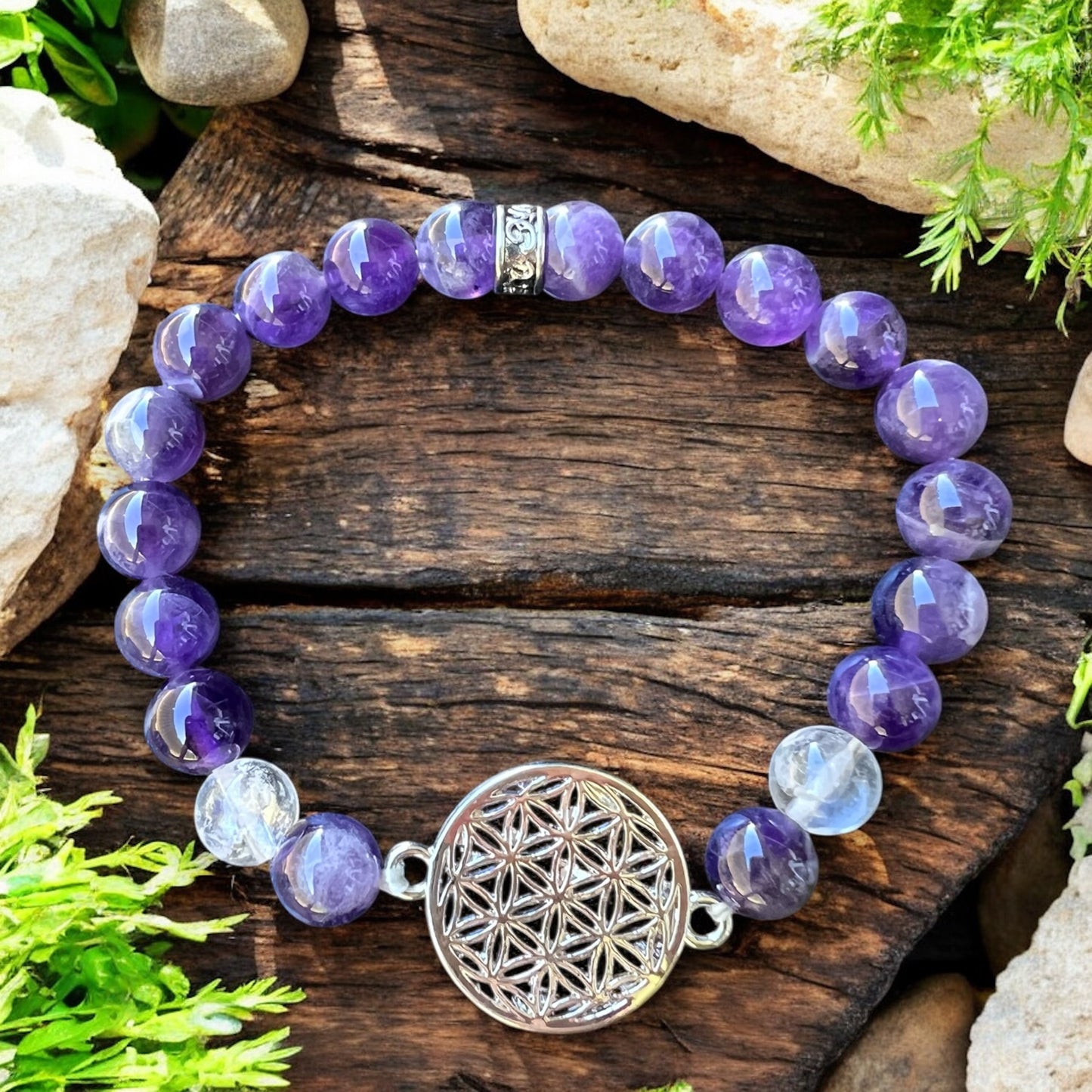 BRACELET || AMETHYST & QUARTZ WITH FLOWER OF LIFE CHARM
