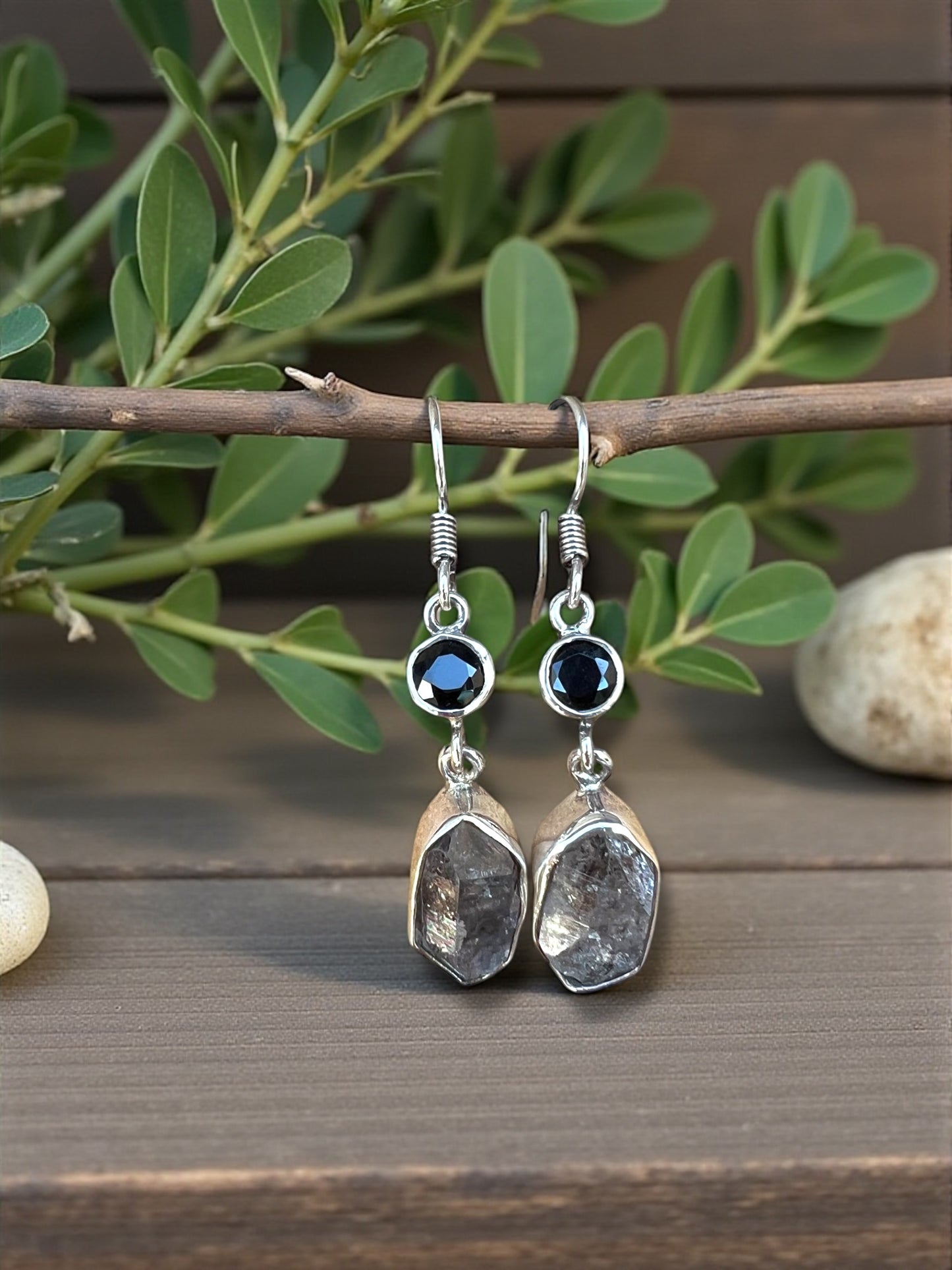 EARRINGS || TOURMALINE & SMOKY HERKIMER DIAMOND - 925 STERLING SILVER