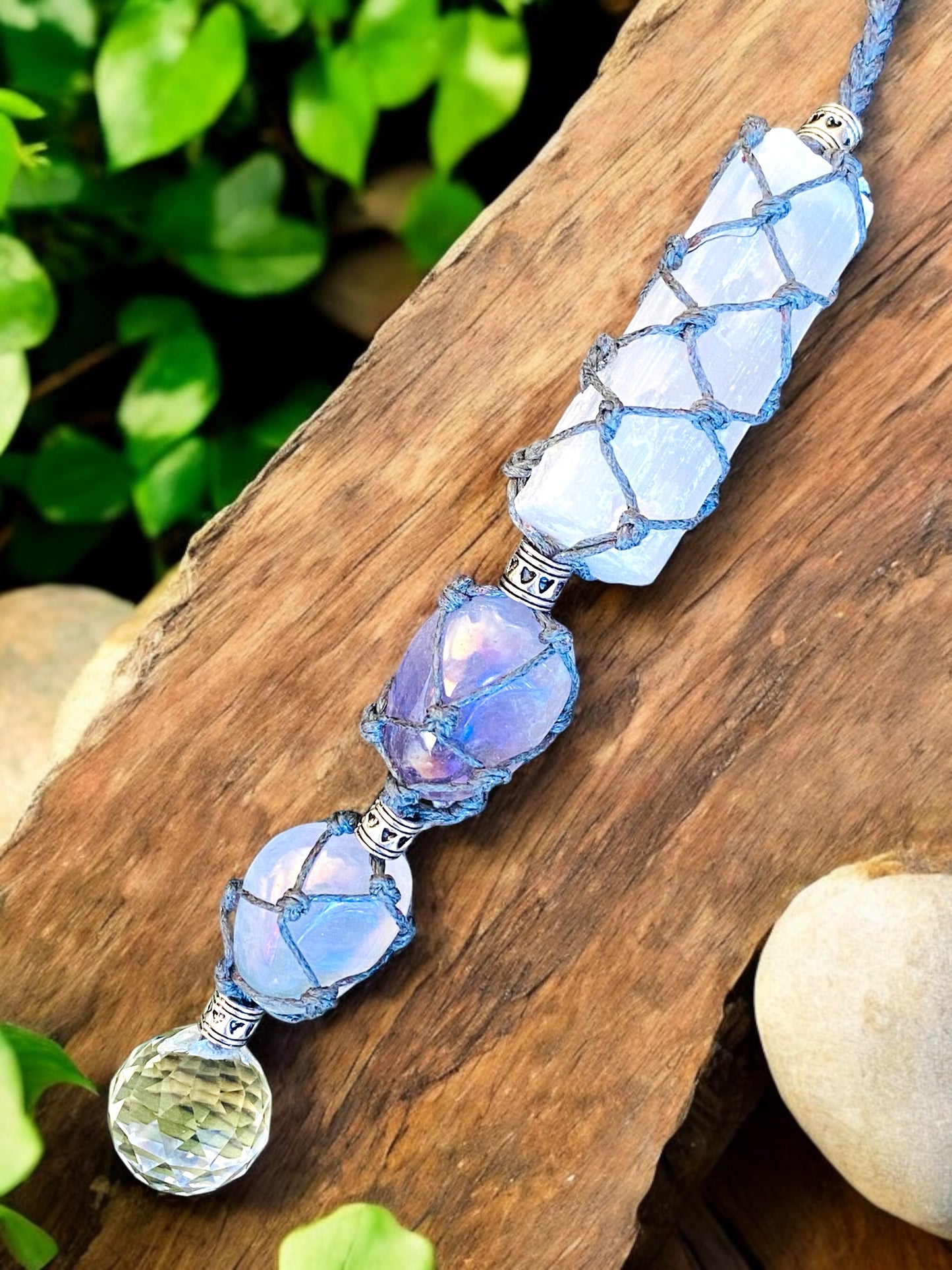 SUN CATCHER || MINI MACRAME SELENITE & AURA QUARTZ