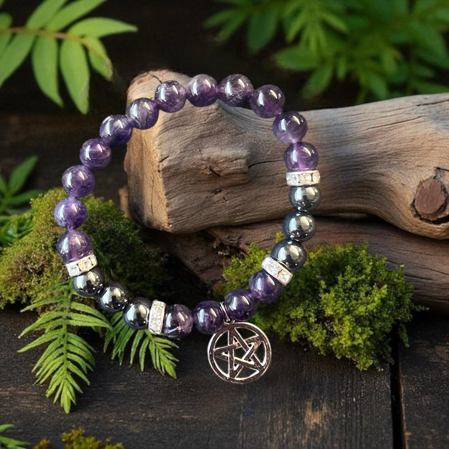 BRACELET || AMETHYST & HEMATITE WITH PENTAGRAM CHARM