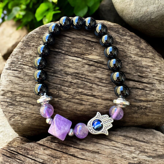BRACELET || TOURMALINE & AMETHYST WITH HAMSA HAND CHARM