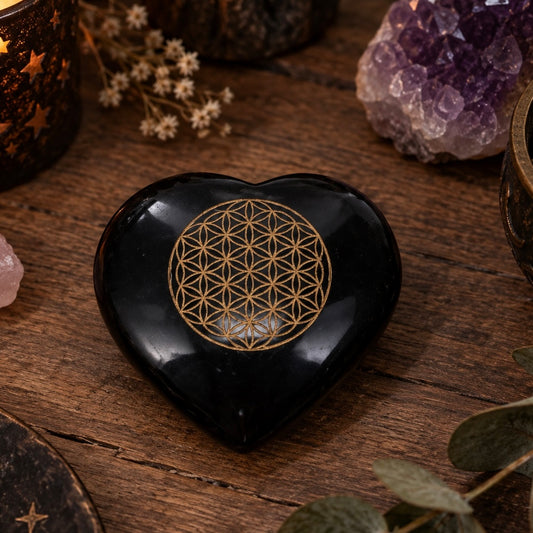 CARVINGS || BLACK TOURMALINE HEART WITH FLOWER OF LIFE