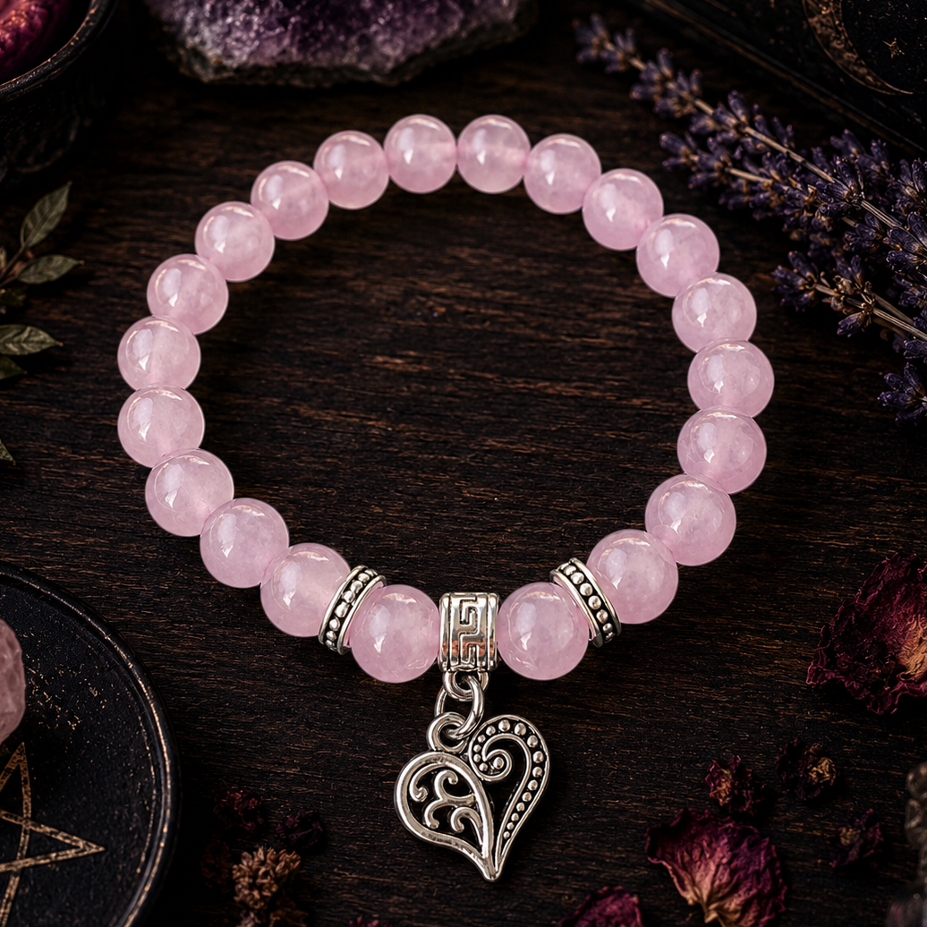 BRACELET || ROSE QUARTZ WITH FILIGREE HEART