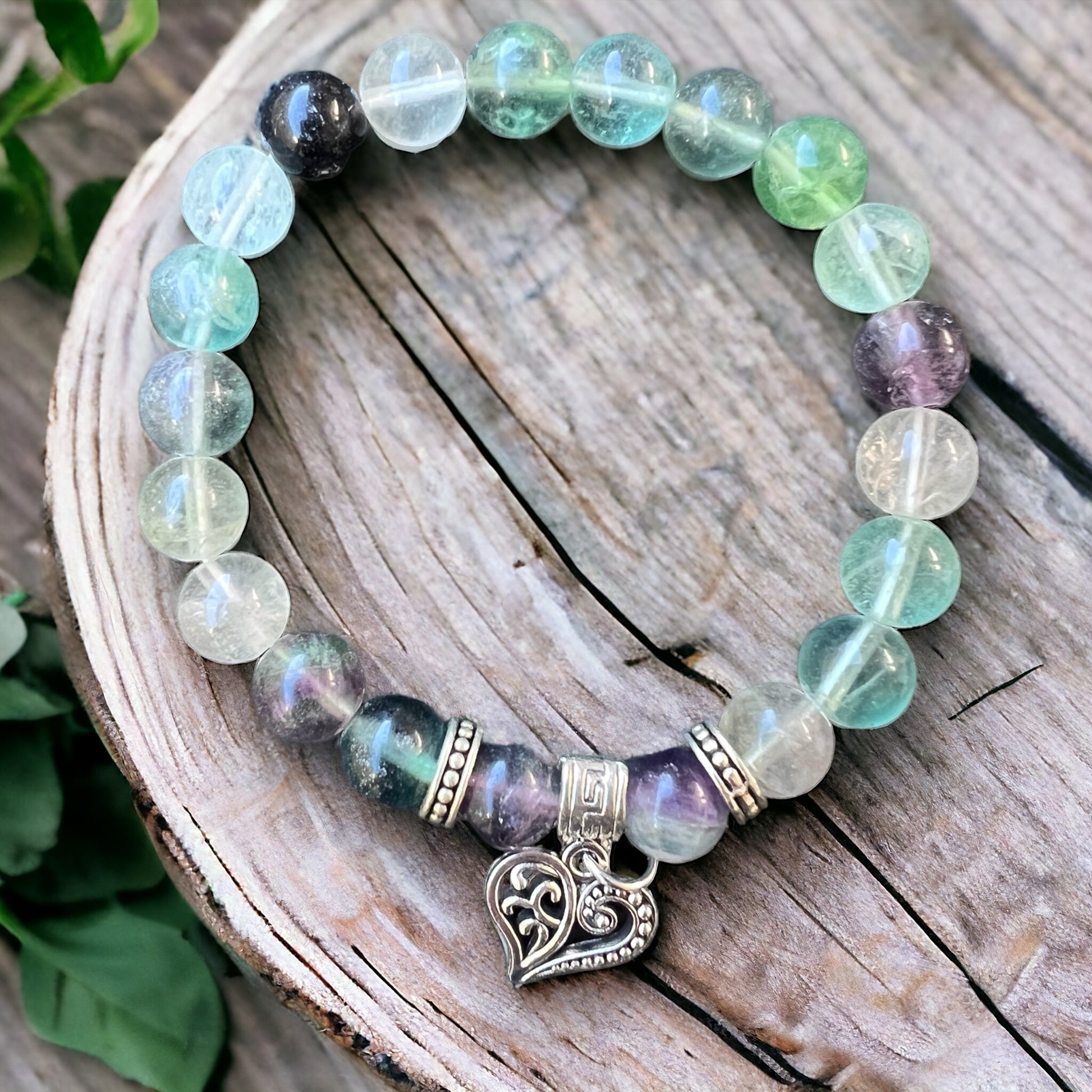 BRACELET || RAINBOW FLUORITE WITH FILIGREE HEART CHARM