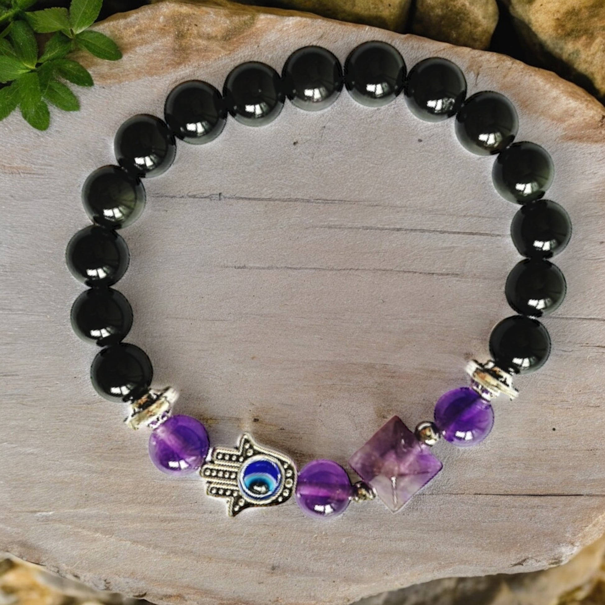 BRACELET || TOURMALINE & AMETHYST WITH HAMSA HAND CHARM
