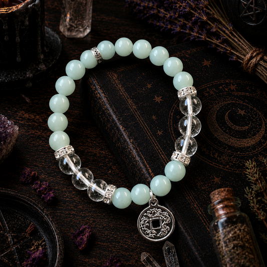 BRACELET || AMAZONITE & CLEAR QUARTZ WITH LUCKY COIN CHARM