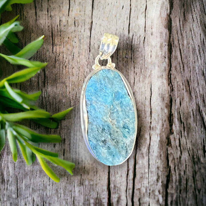 ROUGH BLUE APATITE PENDANT - 925 STERLING SILVER