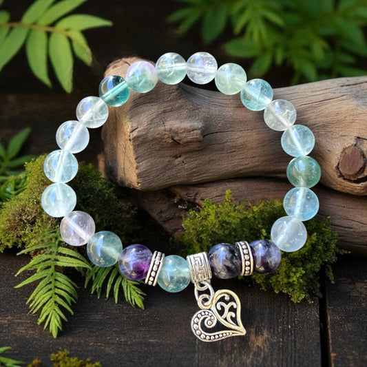 BRACELET || RAINBOW FLUORITE WITH FILIGREE HEART CHARM