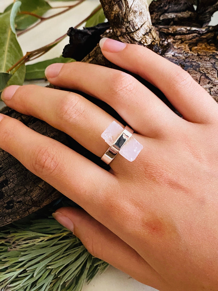 ROSE QUARTZ ROUGH RING - 925 STERLING SILVER