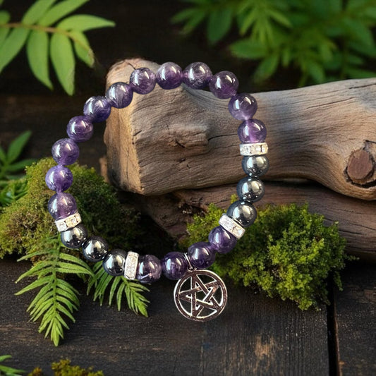 BRACELET || AMETHYST & HEMATITE WITH PENTAGRAM CHARM