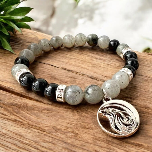 BRACELET || TOURMALINE & LABRADORITE WITH WOLF CHARM