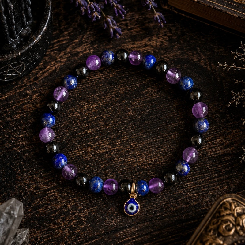 BRACELET || BLACK TOURMALINE, LAPIS LAZULI & AMETHYST EVIL EYE