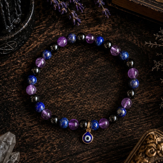 BRACELET || BLACK TOURMALINE, LAPIS LAZULI & AMETHYST EVIL EYE