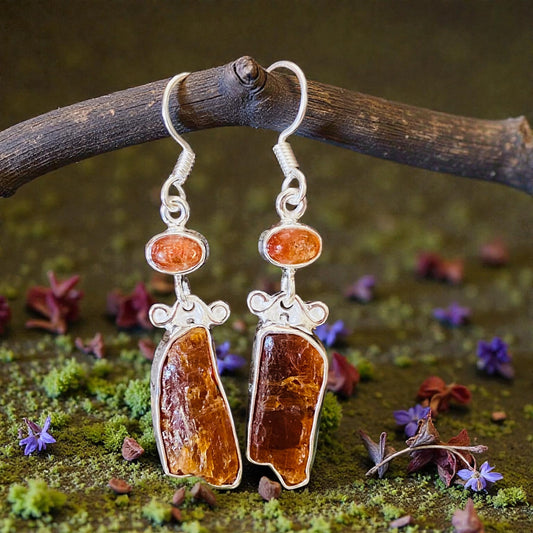 EARRINGS || ORANGE KYANITE & SUNSTONE - 925 STERLING SILVER