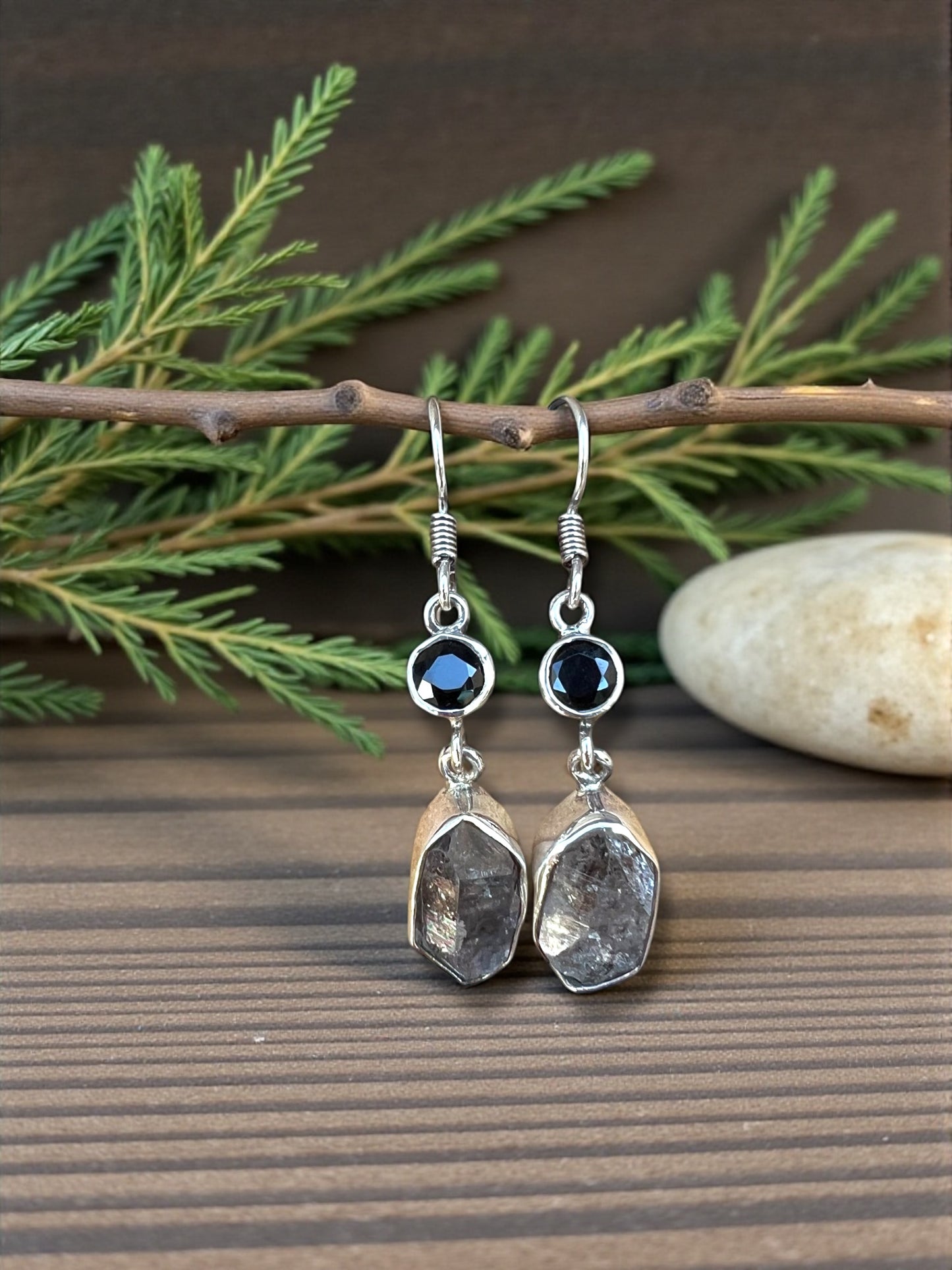 EARRINGS || TOURMALINE & SMOKY HERKIMER DIAMOND - 925 STERLING SILVER