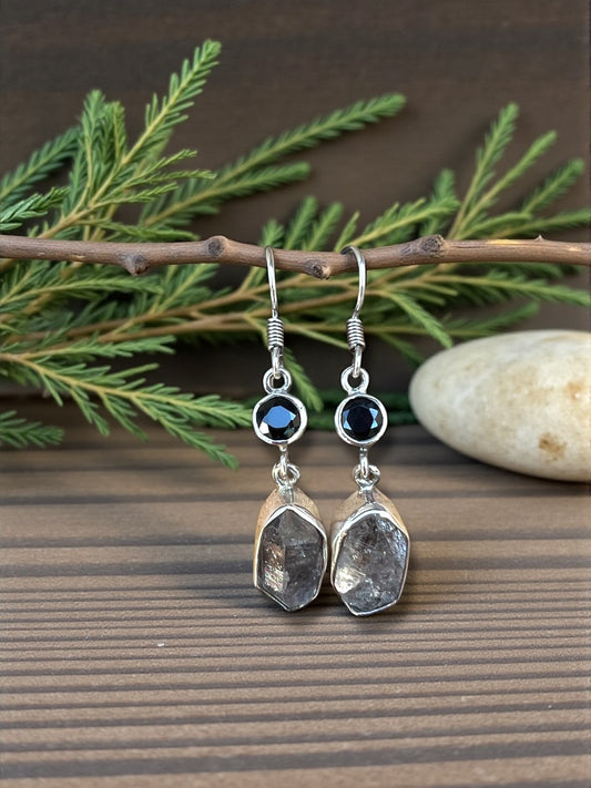 EARRINGS || TOURMALINE & SMOKY HERKIMER DIAMOND - 925 STERLING SILVER