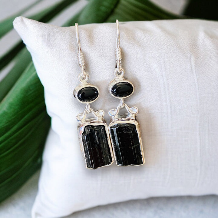 BLACK TOURMALINE & ONYX EARRINGS - 925 STERLING SILVER