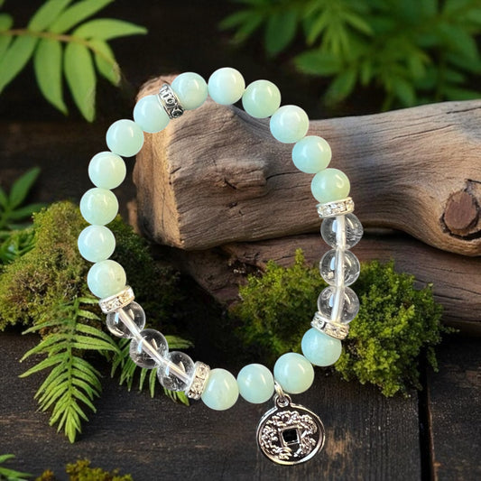 BRACELET || AMAZONITE & CLEAR QUARTZ WITH LUCKY COIN CHARM