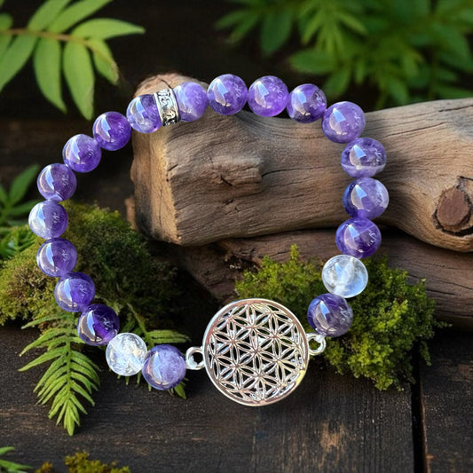 BRACELET || AMETHYST & QUARTZ WITH FLOWER OF LIFE CHARM