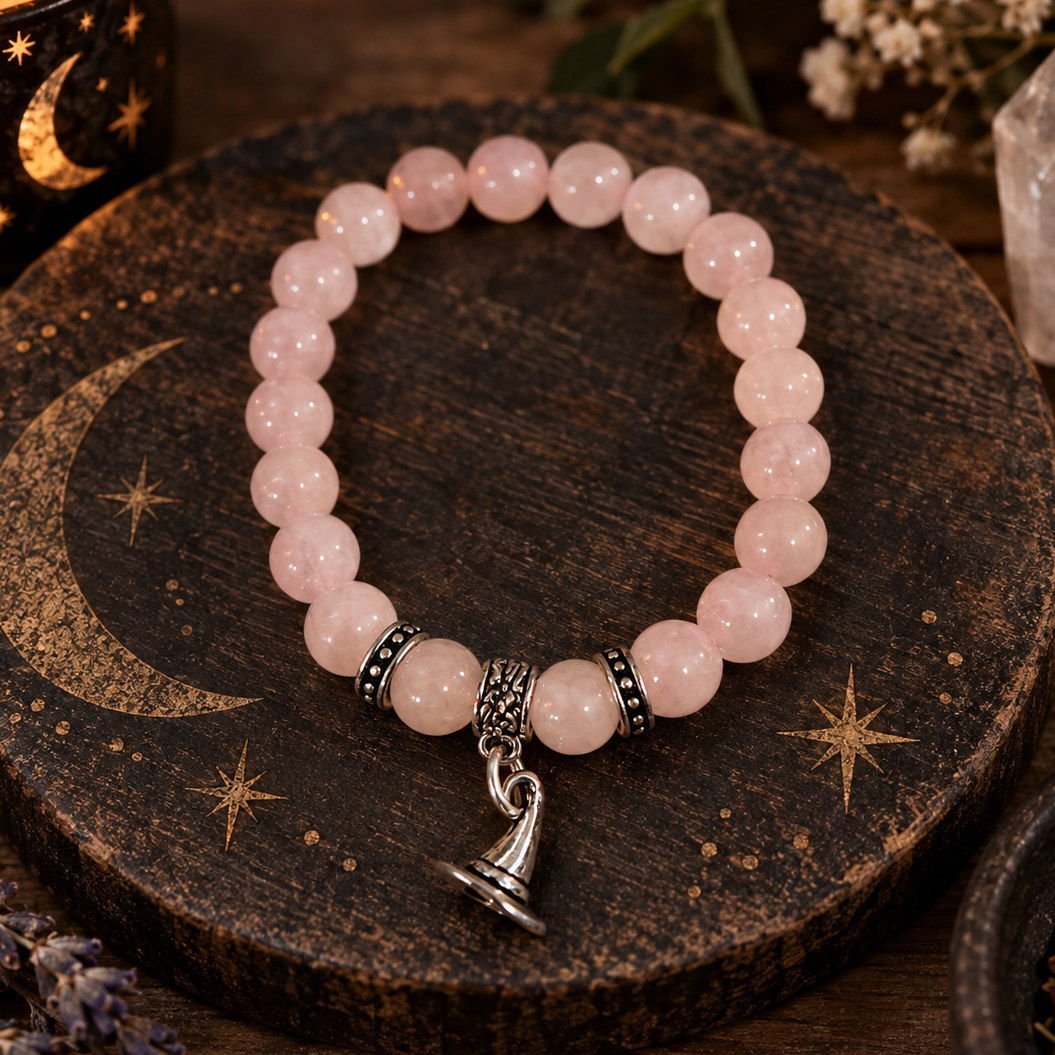 BRACELET || ROSE QUARTZ WITH WITCHES HAT CHARM