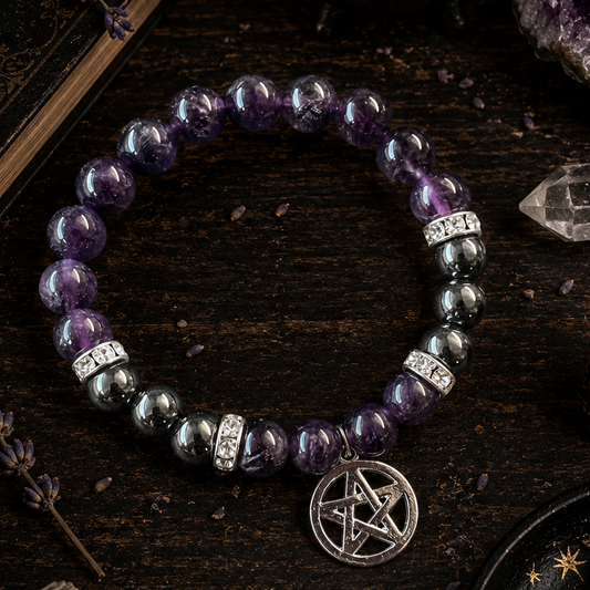 BRACELET || AMETHYST & HEMATITE WITH PENTAGRAM CHARM