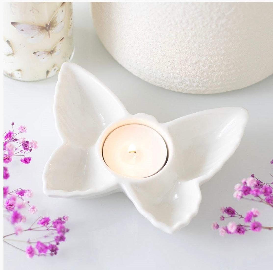 CANDLE HOLDER || WHITE BUTTERFLY TEA LIGHT HOLDER