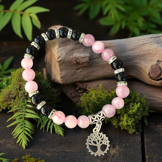 BRACELET || TOURMALINE & ROSE QUARTZ WITH TREE OF LIFE CHARM