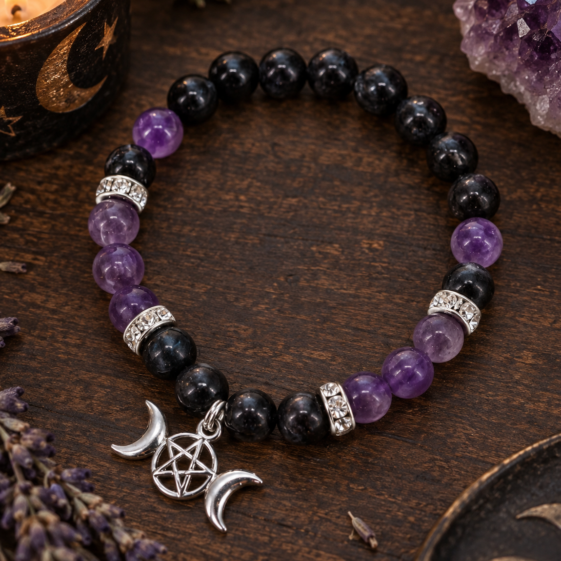 BRACELET || AMETHYST & NUUMMITE TRIPLE MOON