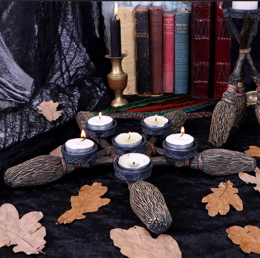 CANDLE HOLDER || BROOMSTICK PENTAGRAM TEA LIGHT